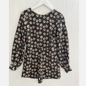 ZARA Floral Print One Piece Romper Green/Beige Long Sleeves Pockets Size M